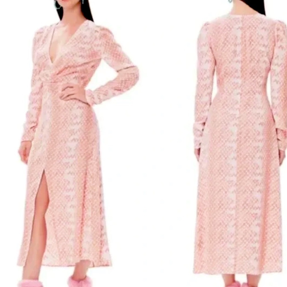 AFRM Revolve Pink Snakeskin Puff Sleeve maxi Dress front slit size S P NWOT - Picture 11 of 11